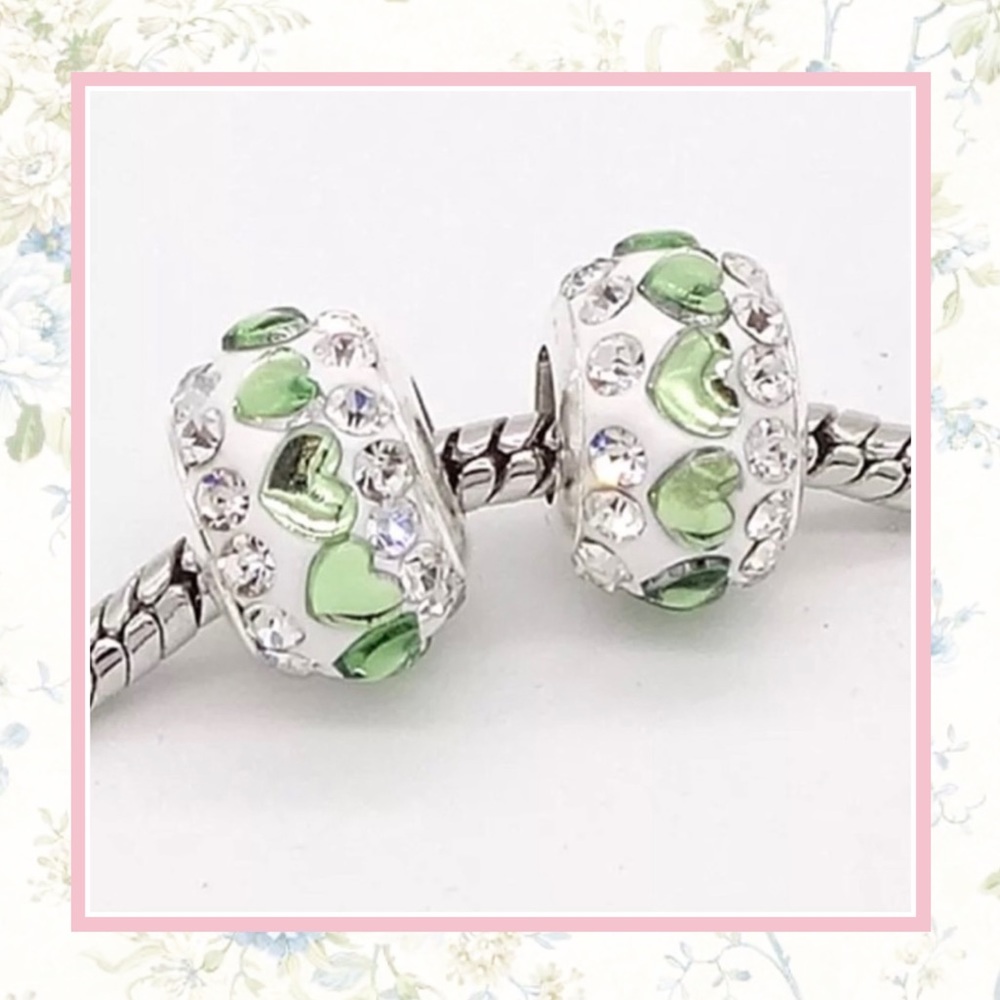 🌸 2PC BEADS GREEN HEART CZECH BLING BEAD CHARM GEM DIY DIAMOND RHINESTONE CUTE